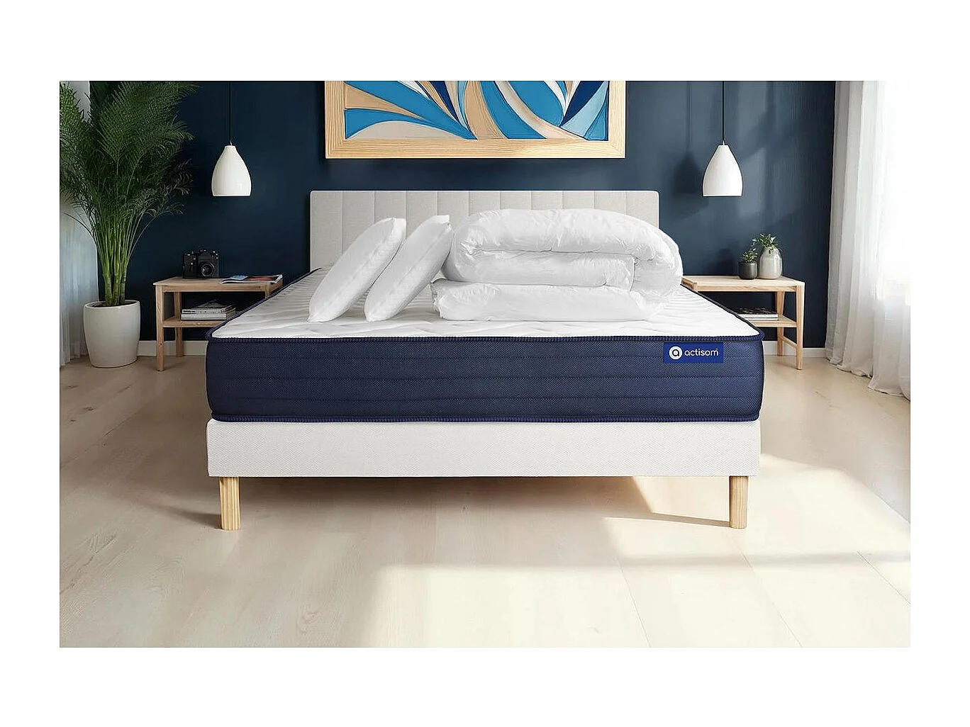 Pack prêt à dormir matelas ACTIFLEX LIFE 140x200 Ressorts ensachés + Mémoire de forme + sommier KIT blanc +2oreillers+couette
