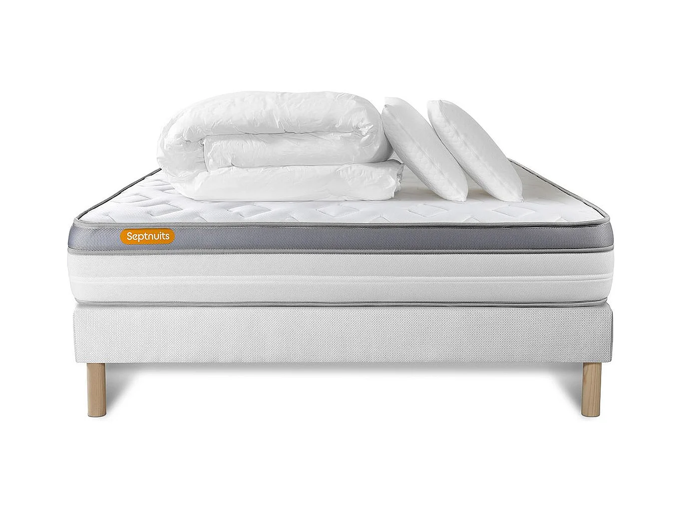 Pack matelas + sommier 140x190 Memo Zen Mousse à mémoire de forme 5 zones de confort MAXI épaisseur + Couette + 2 oreillers