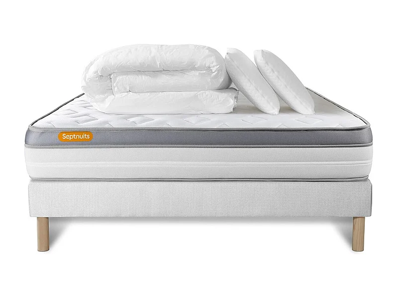 Pack matelas + sommier 140x190 Memo Zen Mousse à mémoire de forme 5 zones de confort MAXI épaisseur + Couette + 2 oreillers