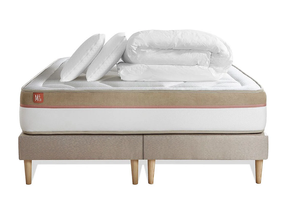 Pack prêt à dormir matelas LE COSY 200x200cm Mémoire de forme - Ep. 30cm + double sommiers Beige + 2 oreillers + couette