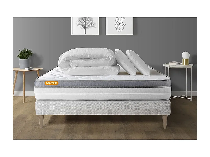 Pack matelas + sommier kit blanc 140x190 Memo Zen Mousse à mémoire de forme MAXI épaisseur + Couette + 2 oreiller