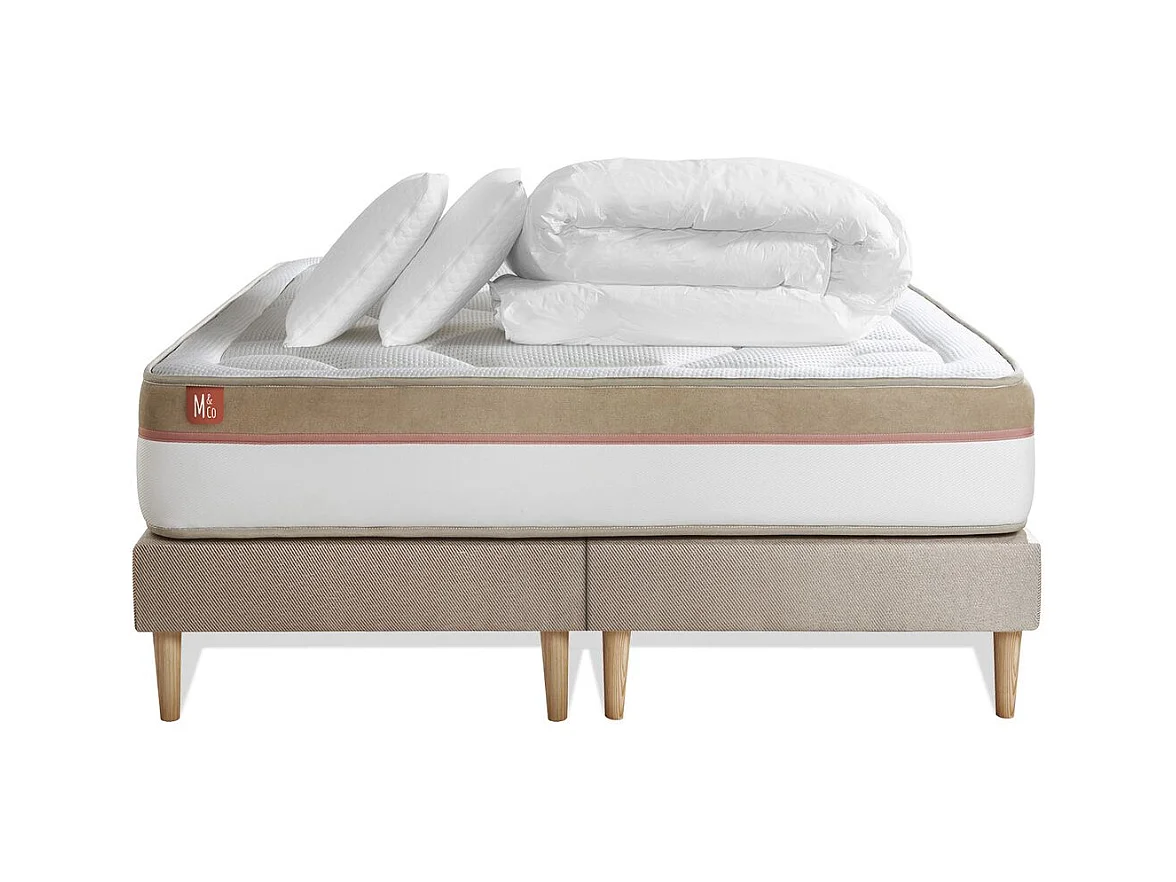 Pack prêt à dormir matelas LE COSY 160x200cm Mémoire de forme - Ep. 30cm + double sommiers Beige + 2 oreillers + couette