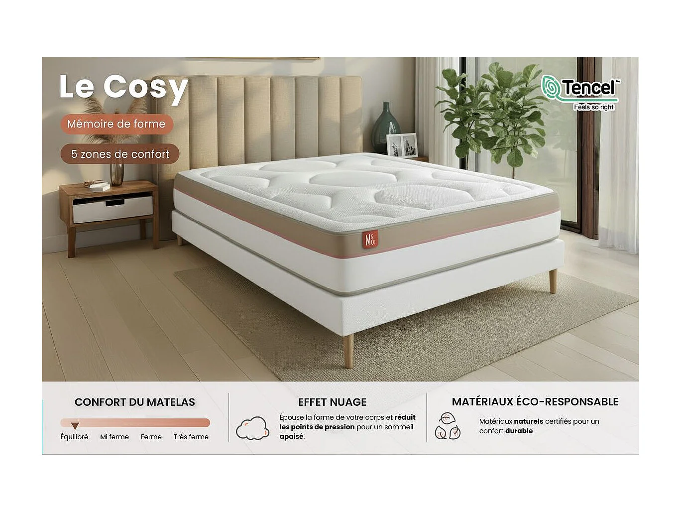 Pack prêt à dormir matelas LE COSY 160x200cm Mémoire de forme - Ep. 30cm + double sommiers Beige + 2 oreillers + couette