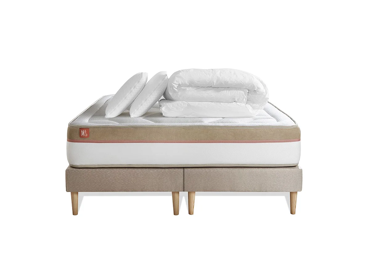 Pack prêt à dormir matelas LE COSY 160x200cm Mémoire de forme - Ep. 30cm + double sommiers Beige + 2 oreillers + couette