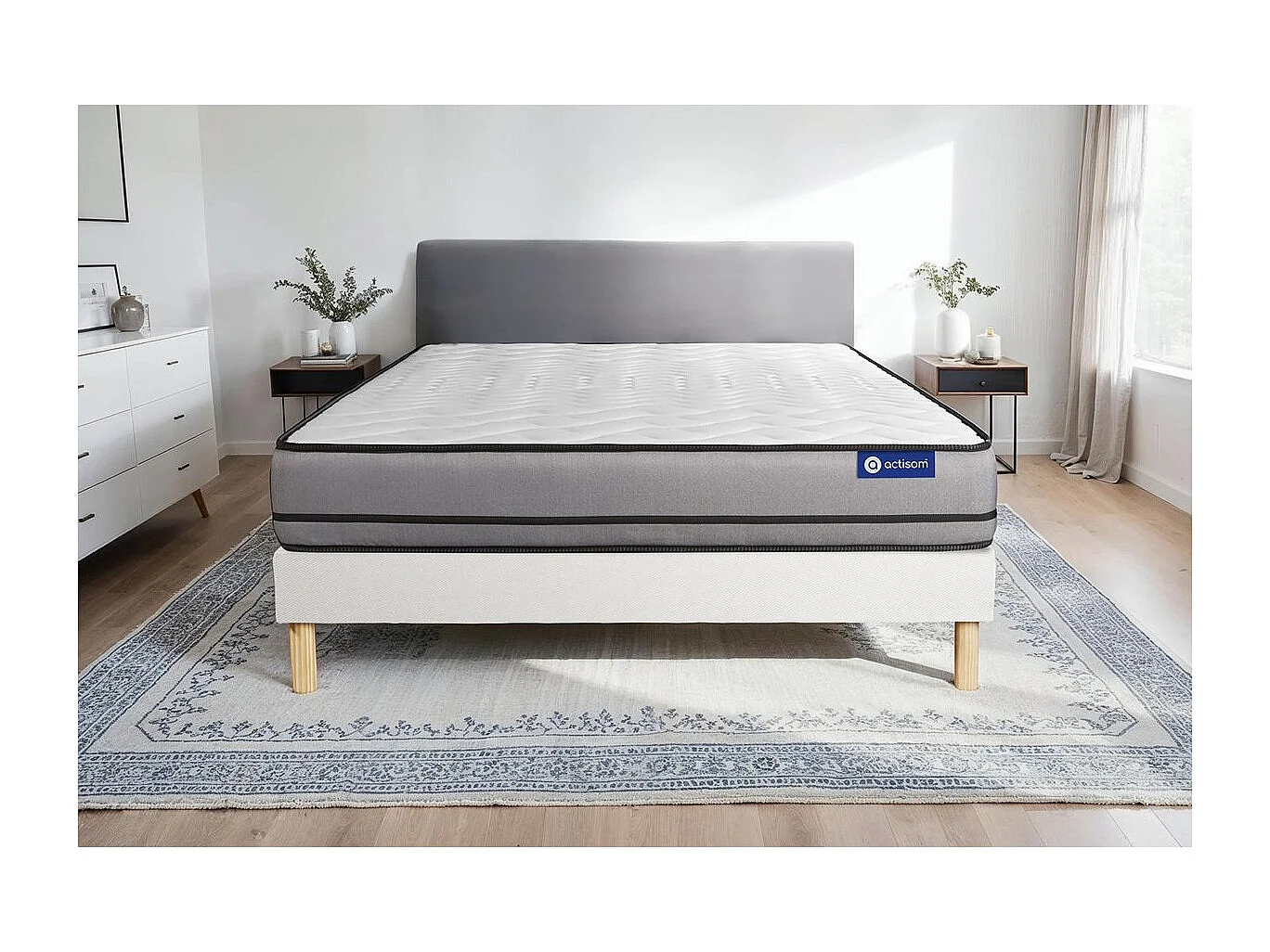 Ensemble matelas ACTIFLEX NIGHT 200x200cm RESSORTS ENSACHES 3zones de confort + sommier KIT blanc