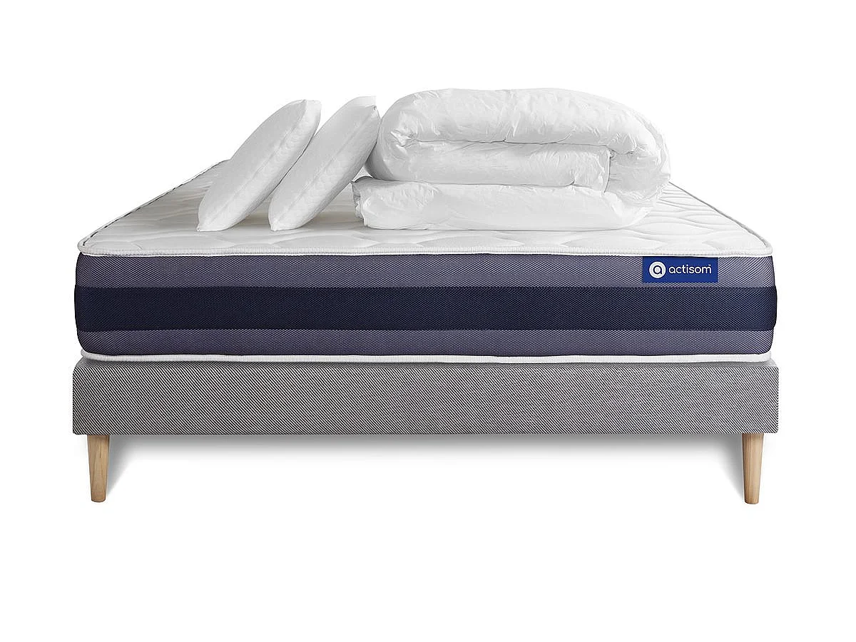 Pack prêt à dormir matelas Latex + Mémoire de forme ACTILATEX MORPHO 160x200 cm + sommier KIT gris + 2 oreillers + couette