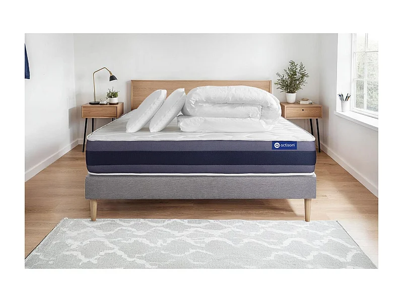 Pack prêt à dormir matelas Latex + Mémoire de forme ACTILATEX MORPHO 160x200 cm + sommier KIT gris + 2 oreillers + couette