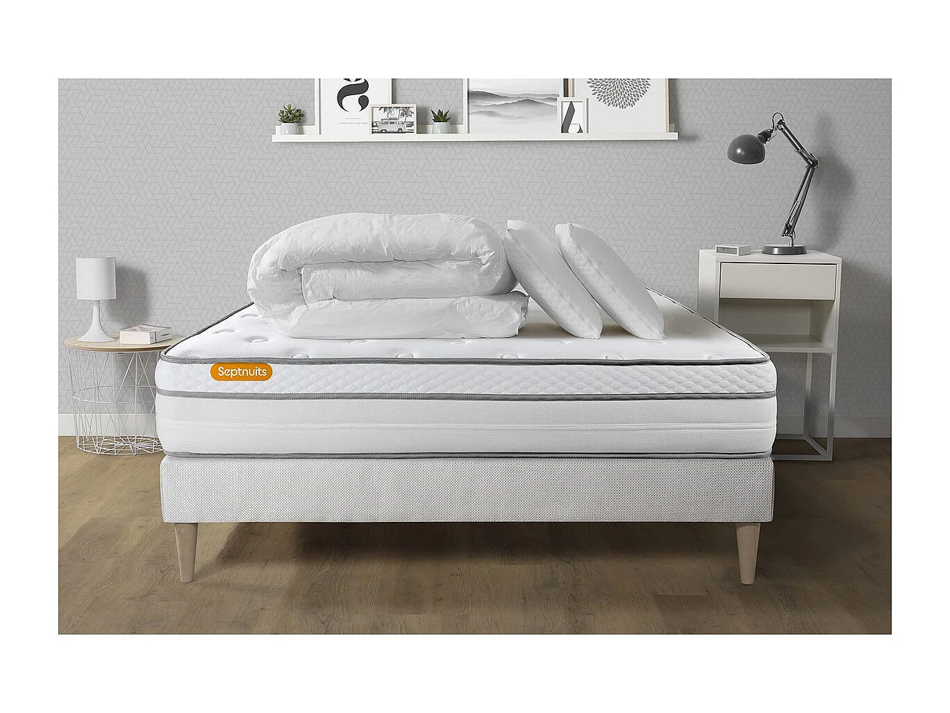 Pack matelas + sommier kit blanc 140x190 Memo Luxe Ressorts ensachés + mémoire de forme + Couette + 2 oreillers
