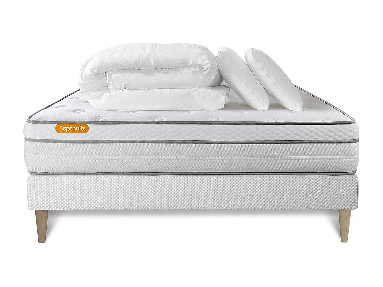 Pack matelas + sommier kit blanc 140x190 Memo Luxe Ressorts ensachés + mémoire de forme + Couette + 2 oreillers