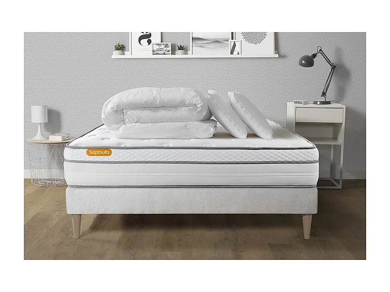 Pack matelas + sommier kit blanc 140x190 Memo Luxe Ressorts ensachés + mémoire de forme + Couette + 2 oreillers