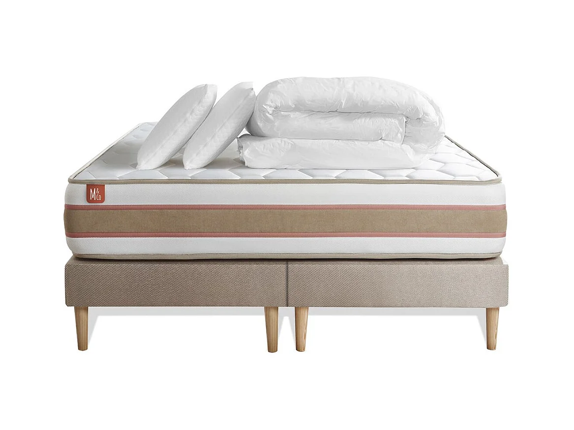 Pack prêt à dormir matelas LE DÉLICAT 200x200 Ressorts ensachés et Mémoire de forme + double sommiers Beige