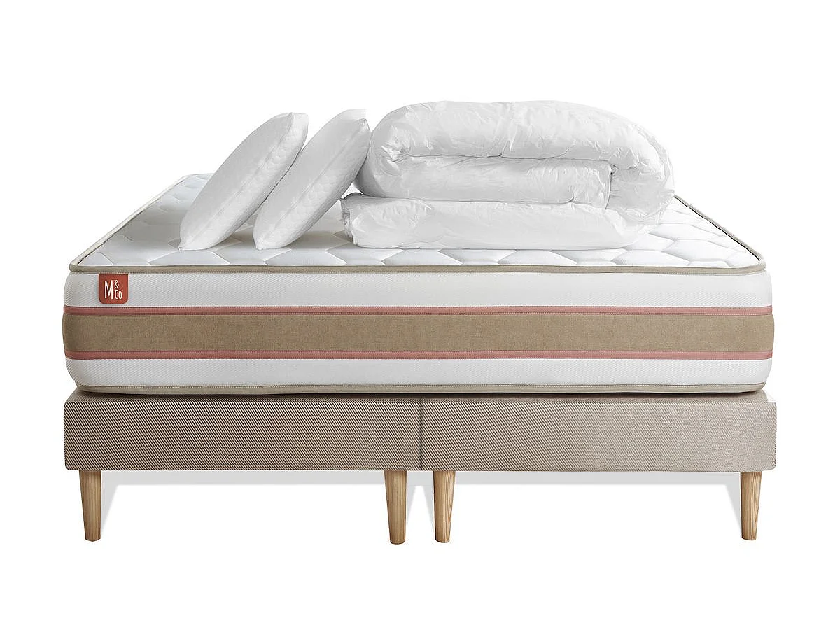 Pack prêt à dormir matelas LE DÉLICAT 200x200 Ressorts ensachés et Mémoire de forme + double sommiers Beige