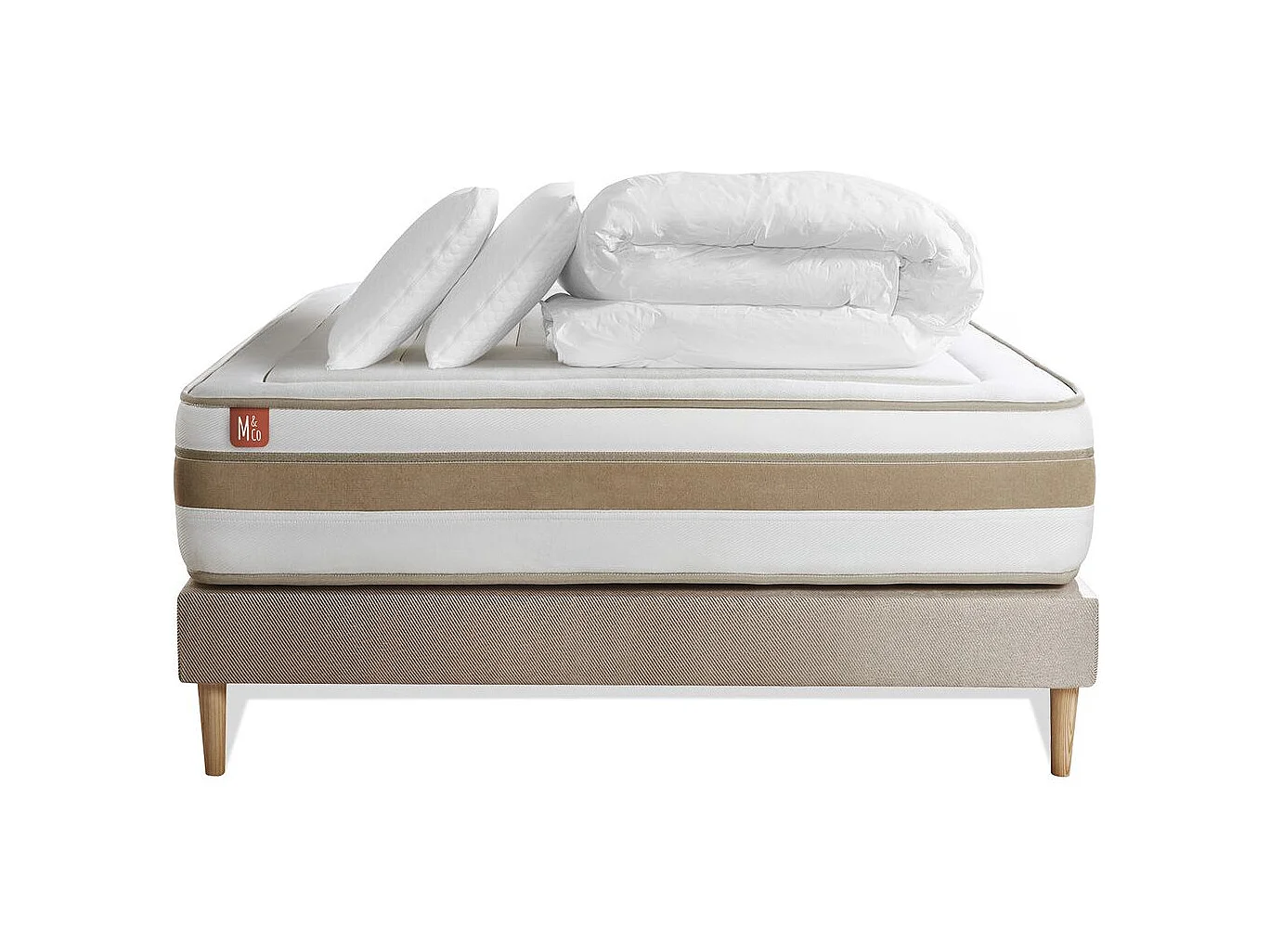 Pack prêt à dormir matelas LE RAFFINÉ 160x200cm Ressorts ensachés + Mémoire de forme BioVisco + sommier Beige