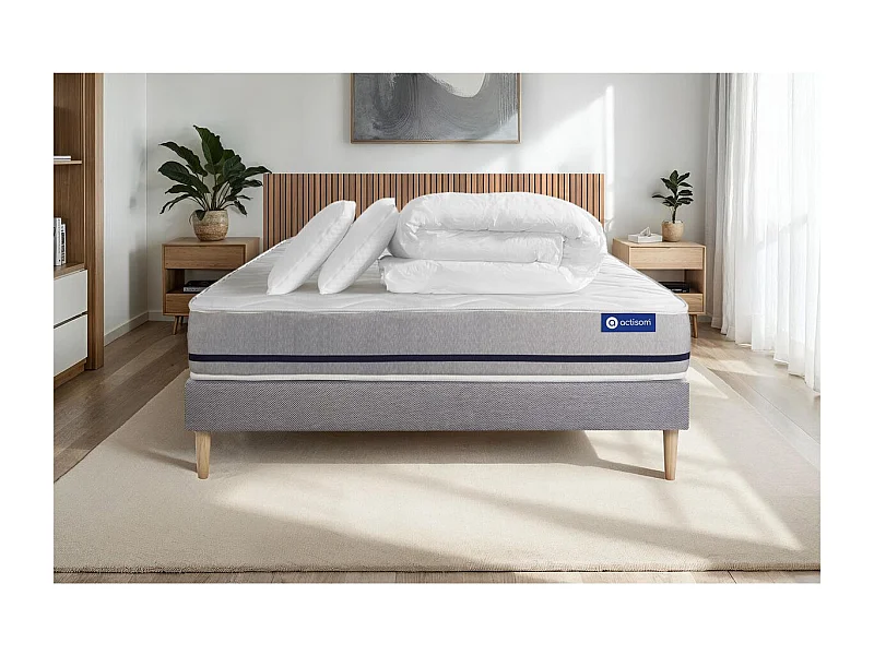 Pack prêt à dormir matelas 180x200 ACTIMEMO SOFT 3zones de confort + sommier KIT gris + 2 oreillers + couette