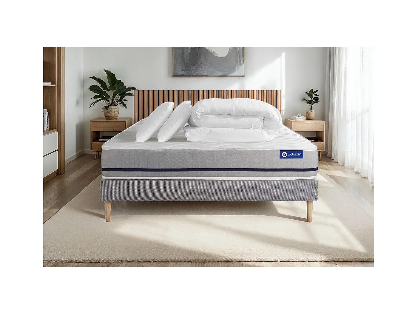 Pack prêt à dormir matelas 180x200 ACTIMEMO SOFT 3zones de confort + sommier KIT gris + 2 oreillers + couette