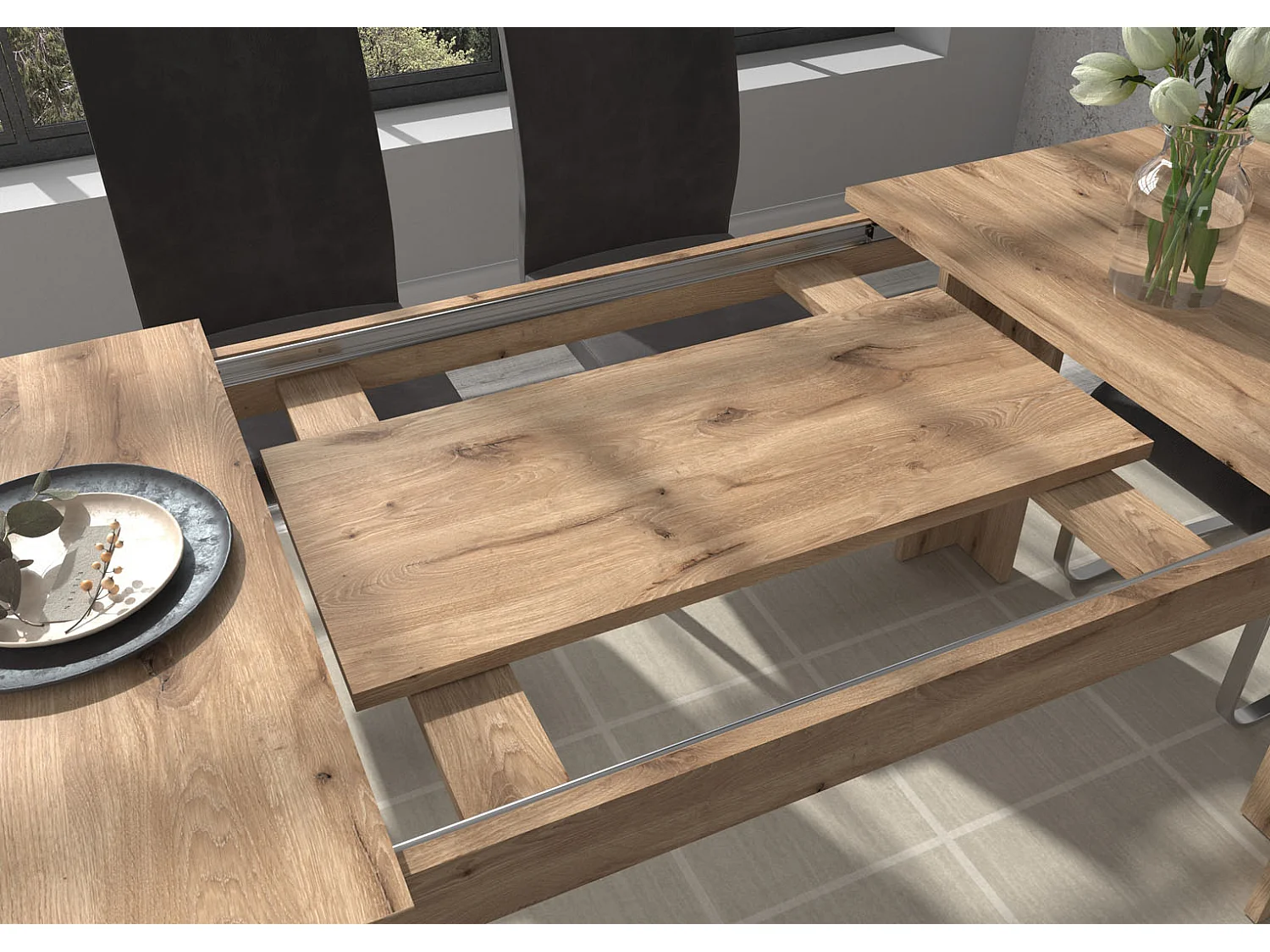 Titan table de salle à manger 160/200 cm incl. plaque supplémentaire chêne décor.