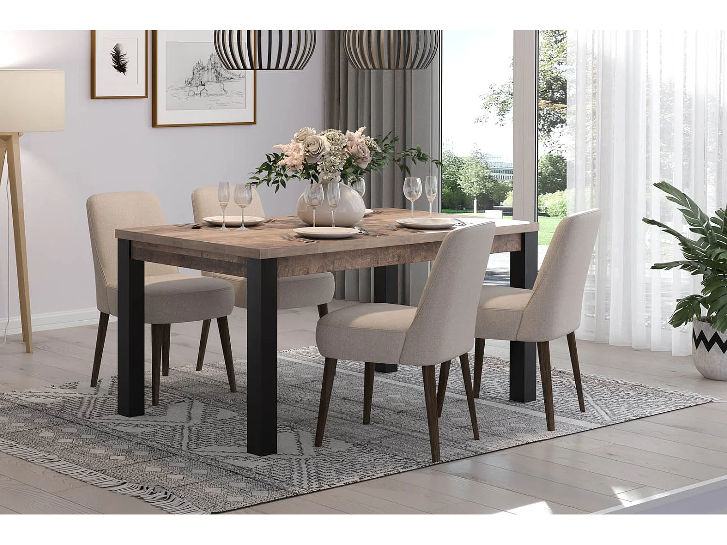 Table à manger en bois et pieds en acier noir Adeline L 160cm