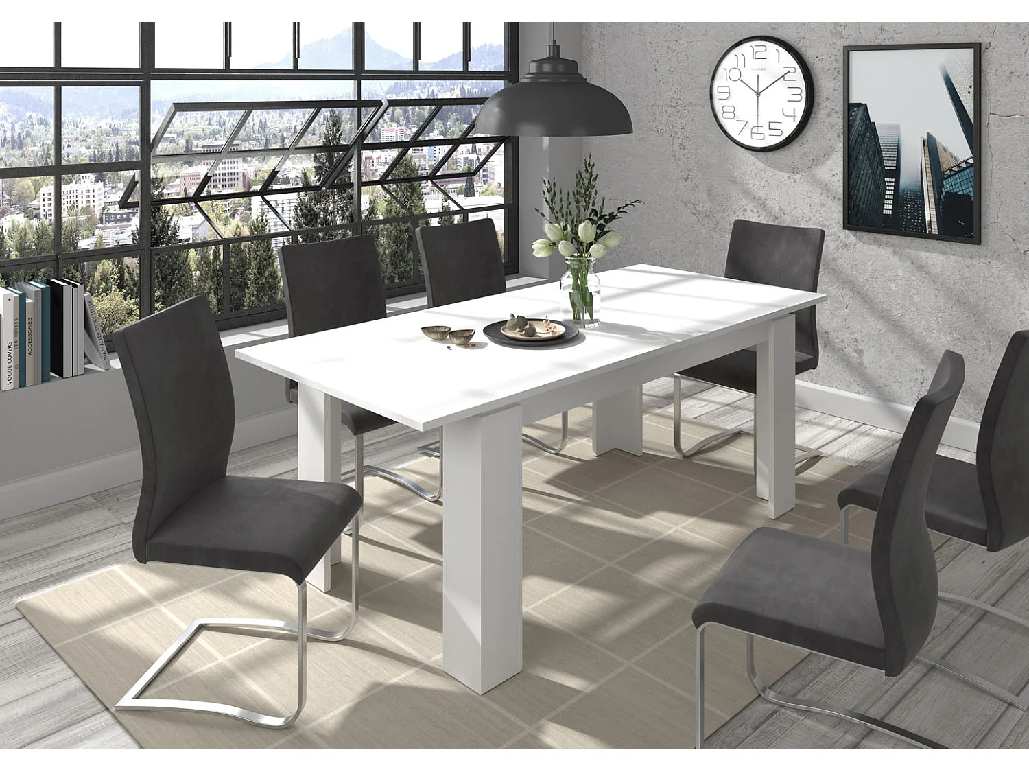 Titan table de salle à manger 160/200 cm incl. plaque supplémentaire blanche.