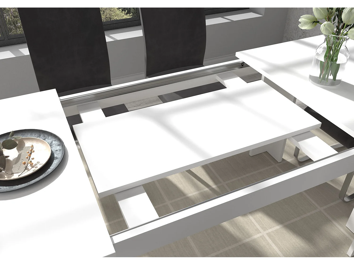 Titan table de salle à manger 160/200 cm incl. plaque supplémentaire blanche.