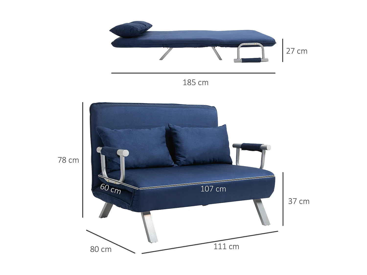 Canapé-lit canapé convertible 2 places déhoussable grand confort 2 coussins fournis pieds accoudoirs métal suède bleu