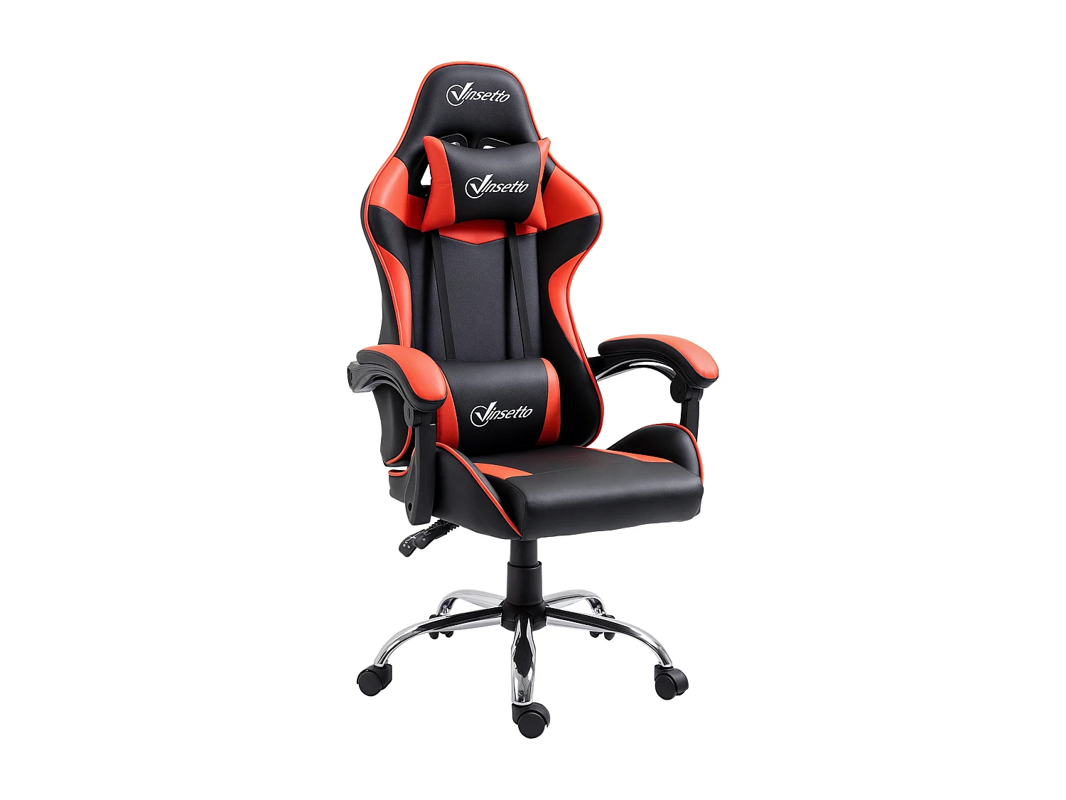 Fauteuil de bureau gamer style baquet racing - pivotant, inclinable - coussins tétière et lombaires inclus - revêtement PU rouge noir