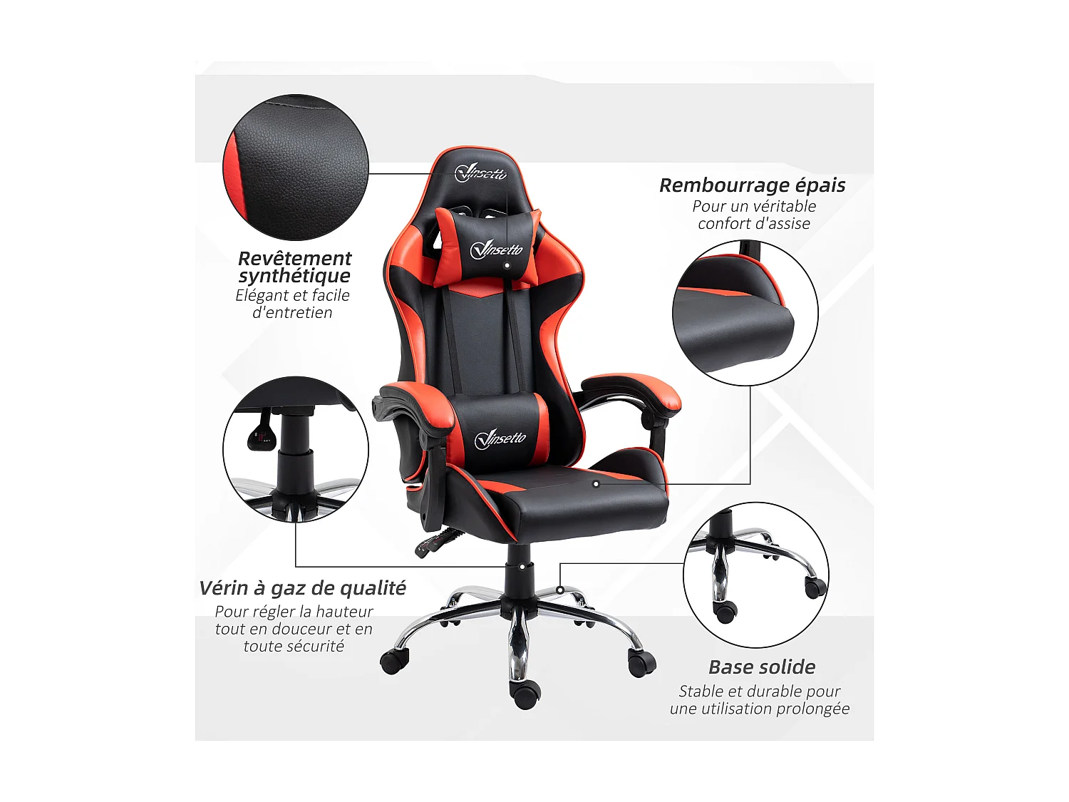 Fauteuil de bureau gamer style baquet racing - pivotant, inclinable - coussins tétière et lombaires inclus - revêtement PU rouge noir