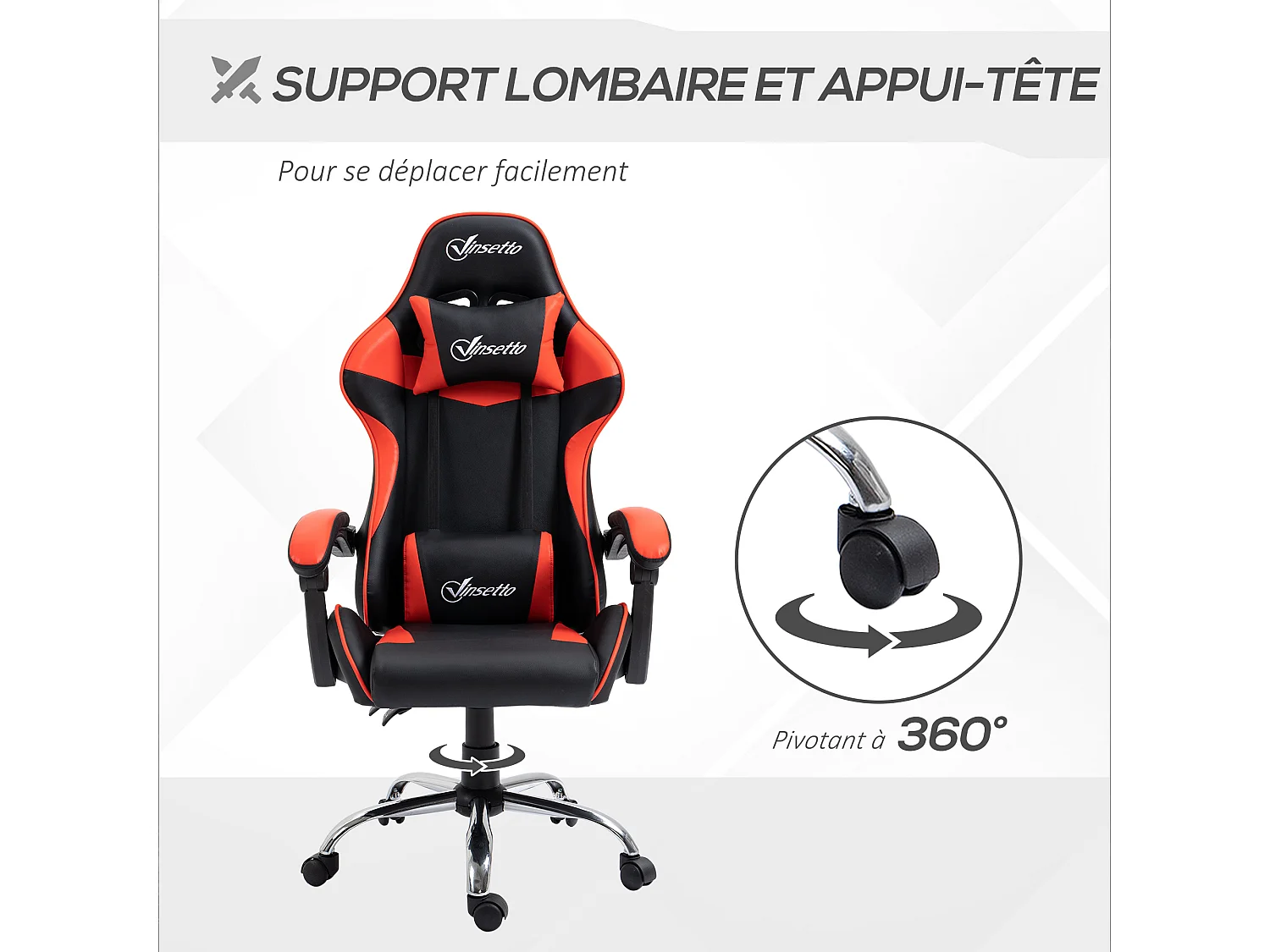 Fauteuil de bureau gamer style baquet racing - pivotant, inclinable - coussins tétière et lombaires inclus - revêtement PU rouge noir
