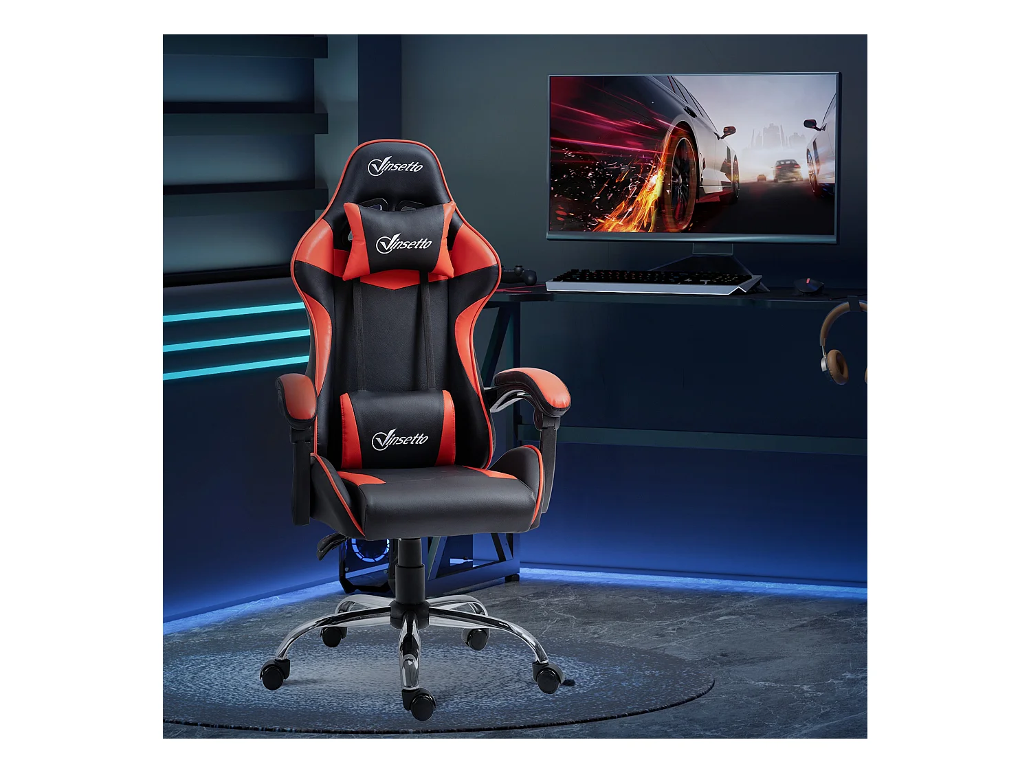 Fauteuil de bureau gamer style baquet racing - pivotant, inclinable - coussins tétière et lombaires inclus - revêtement PU rouge noir
