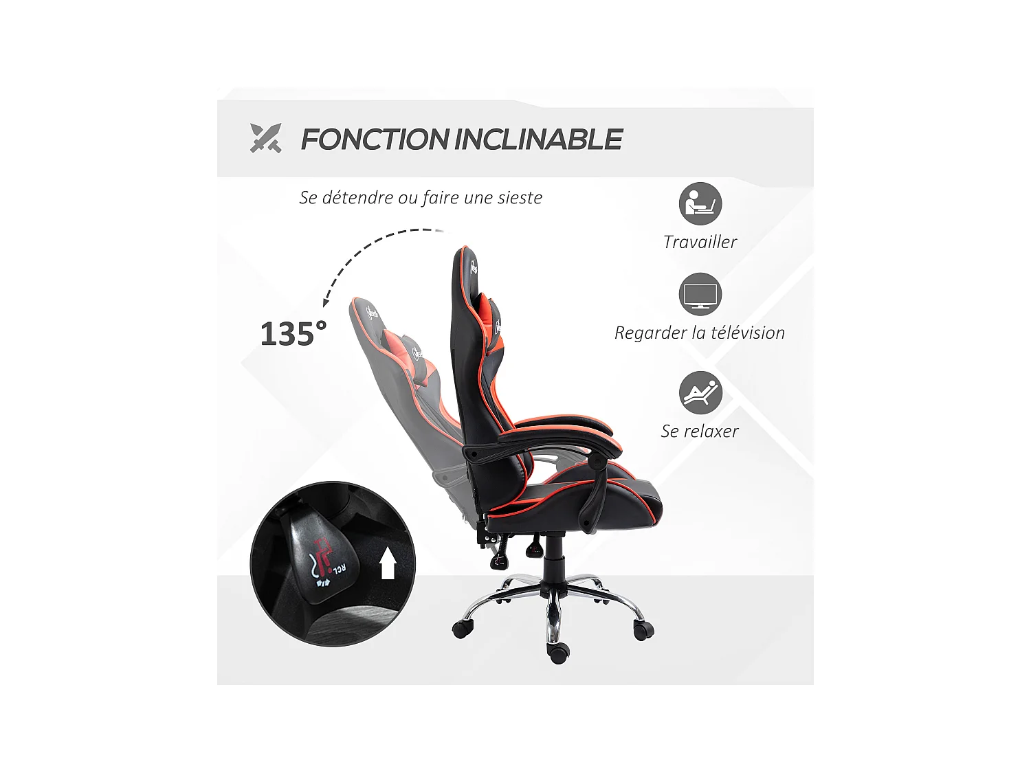 Fauteuil de bureau gamer style baquet racing - pivotant, inclinable - coussins tétière et lombaires inclus - revêtement PU rouge noir