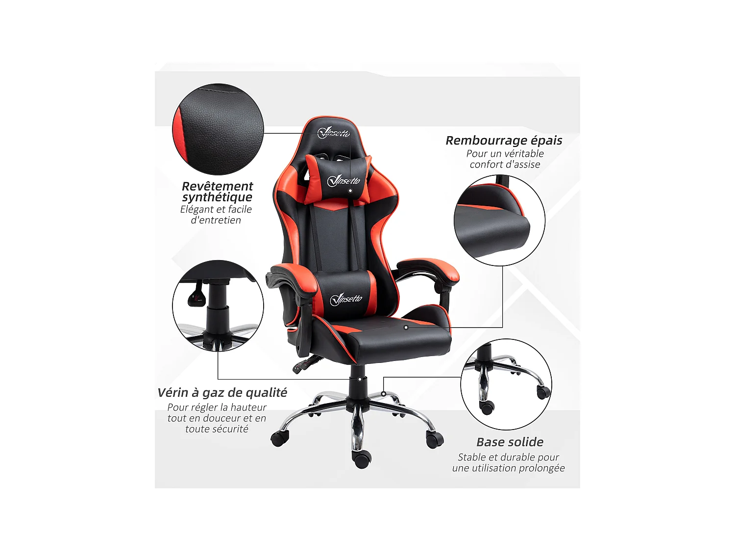 Fauteuil de bureau gamer style baquet racing - pivotant, inclinable - coussins tétière et lombaires inclus - revêtement PU rouge noir