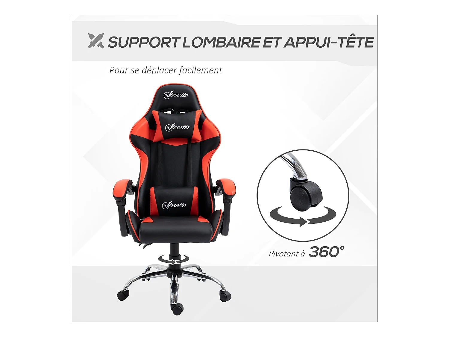 Fauteuil de bureau gamer style baquet racing - pivotant, inclinable - coussins tétière et lombaires inclus - revêtement PU rouge noir