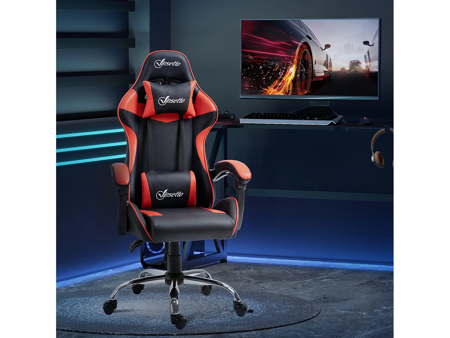 Fauteuil de bureau gamer style baquet racing - pivotant, inclinable - coussins tétière et lombaires inclus - revêtement PU rouge noir
