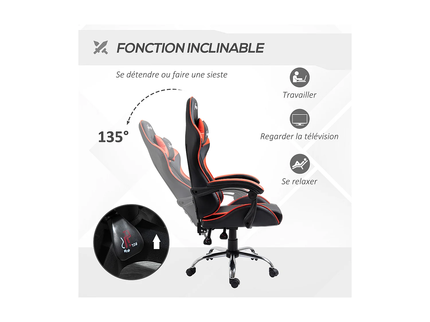 Fauteuil de bureau gamer style baquet racing - pivotant, inclinable - coussins tétière et lombaires inclus - revêtement PU rouge noir