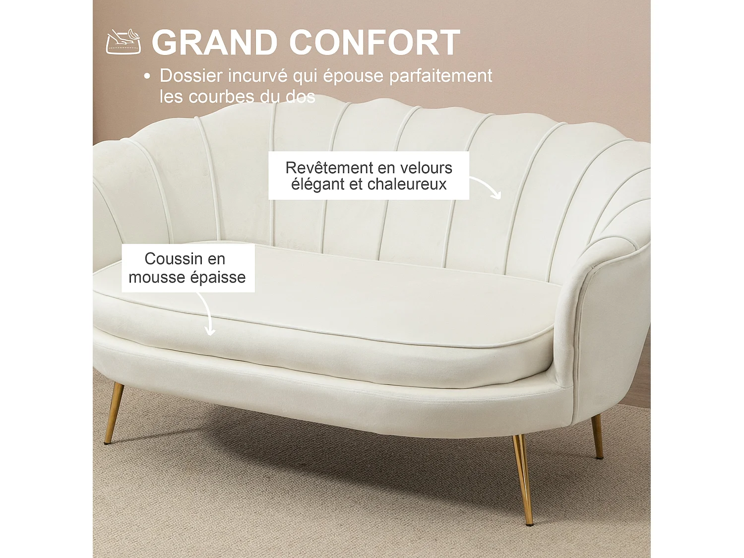 Canapé 2 places coquillage canapé design dim. 130L x 77l x 77H cm pieds dorés effilés velours crème