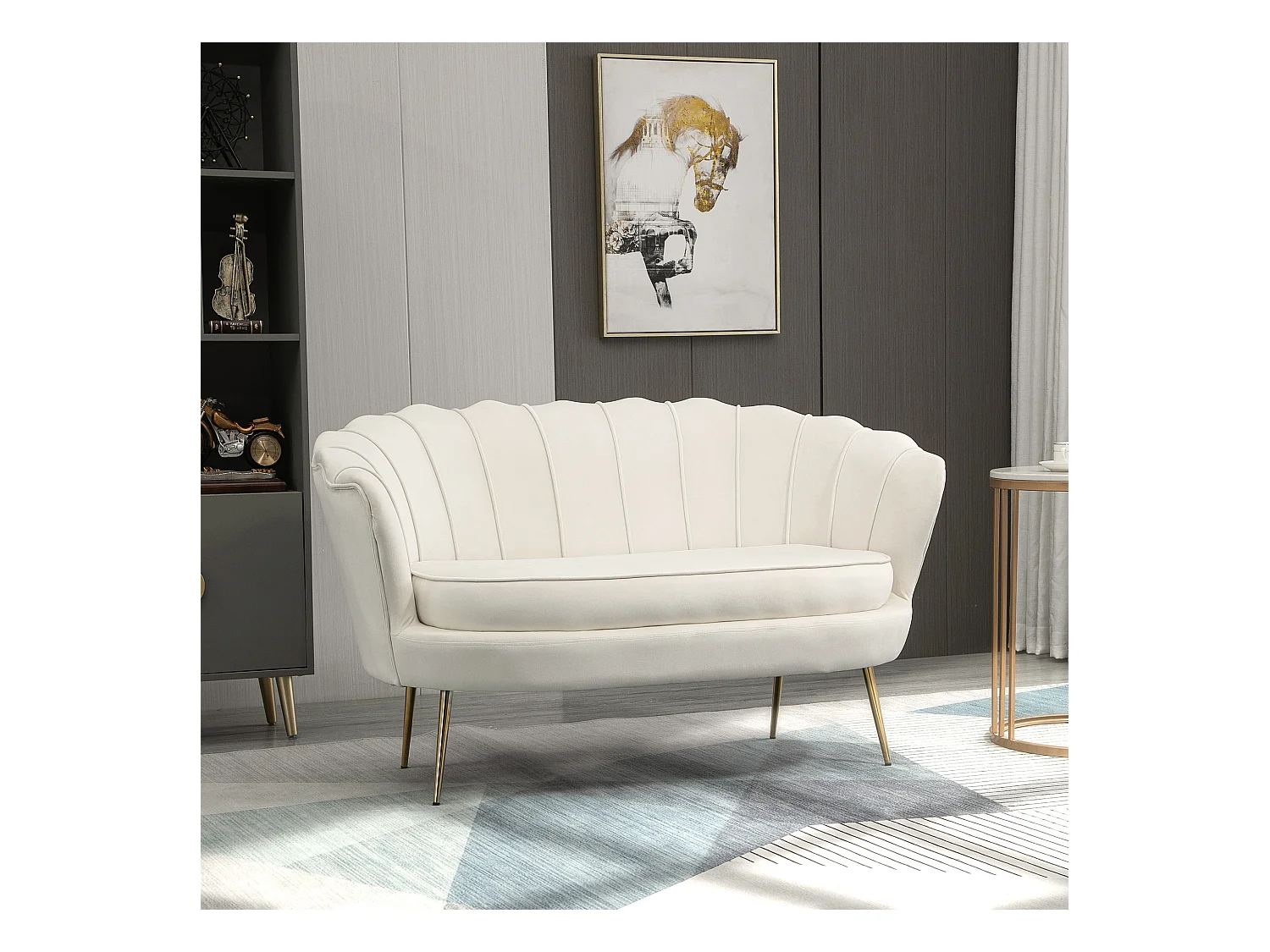 Canapé 2 places coquillage canapé design dim. 130L x 77l x 77H cm pieds dorés effilés velours crème