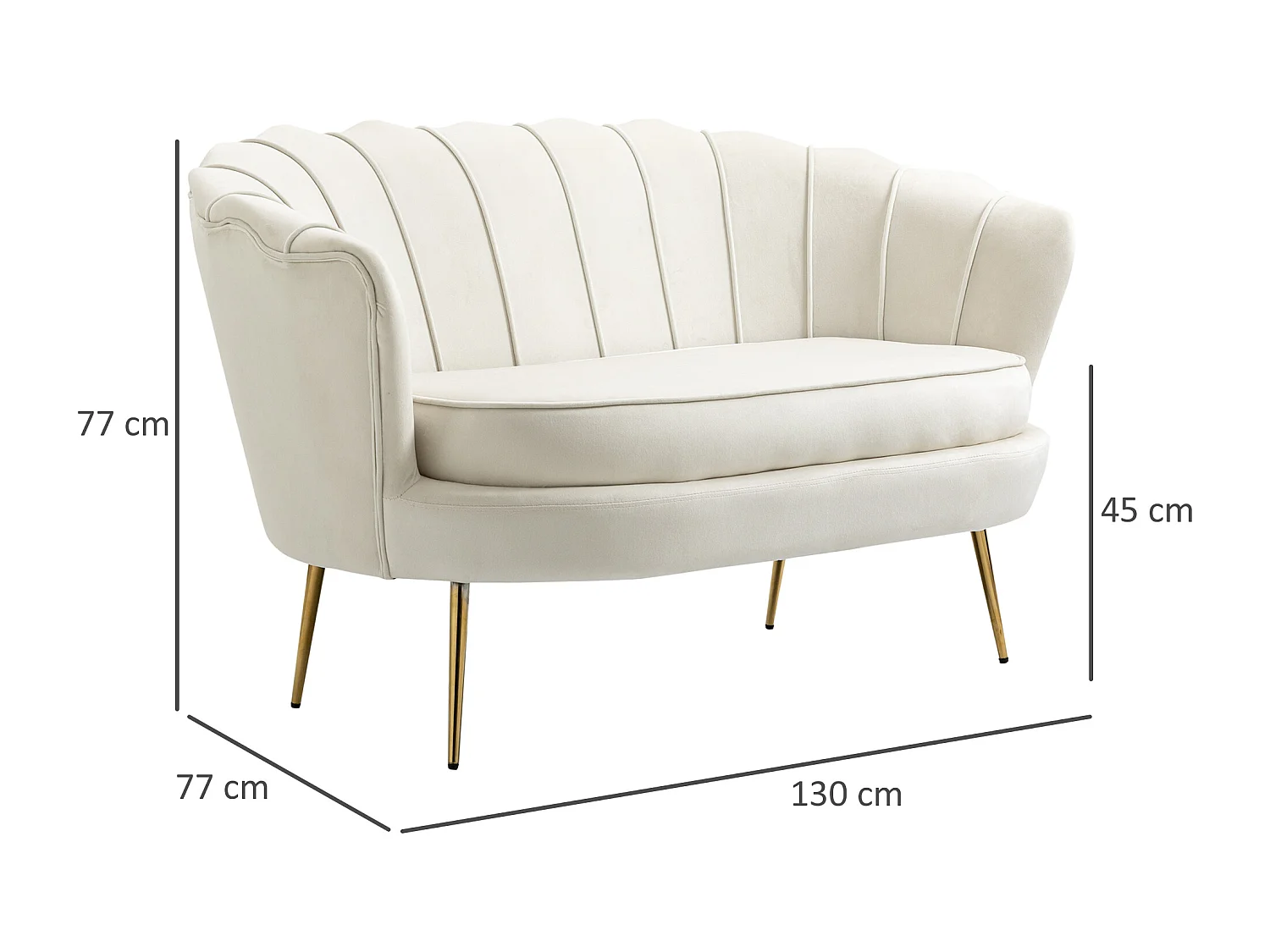 Canapé 2 places coquillage canapé design dim. 130L x 77l x 77H cm pieds dorés effilés velours crème