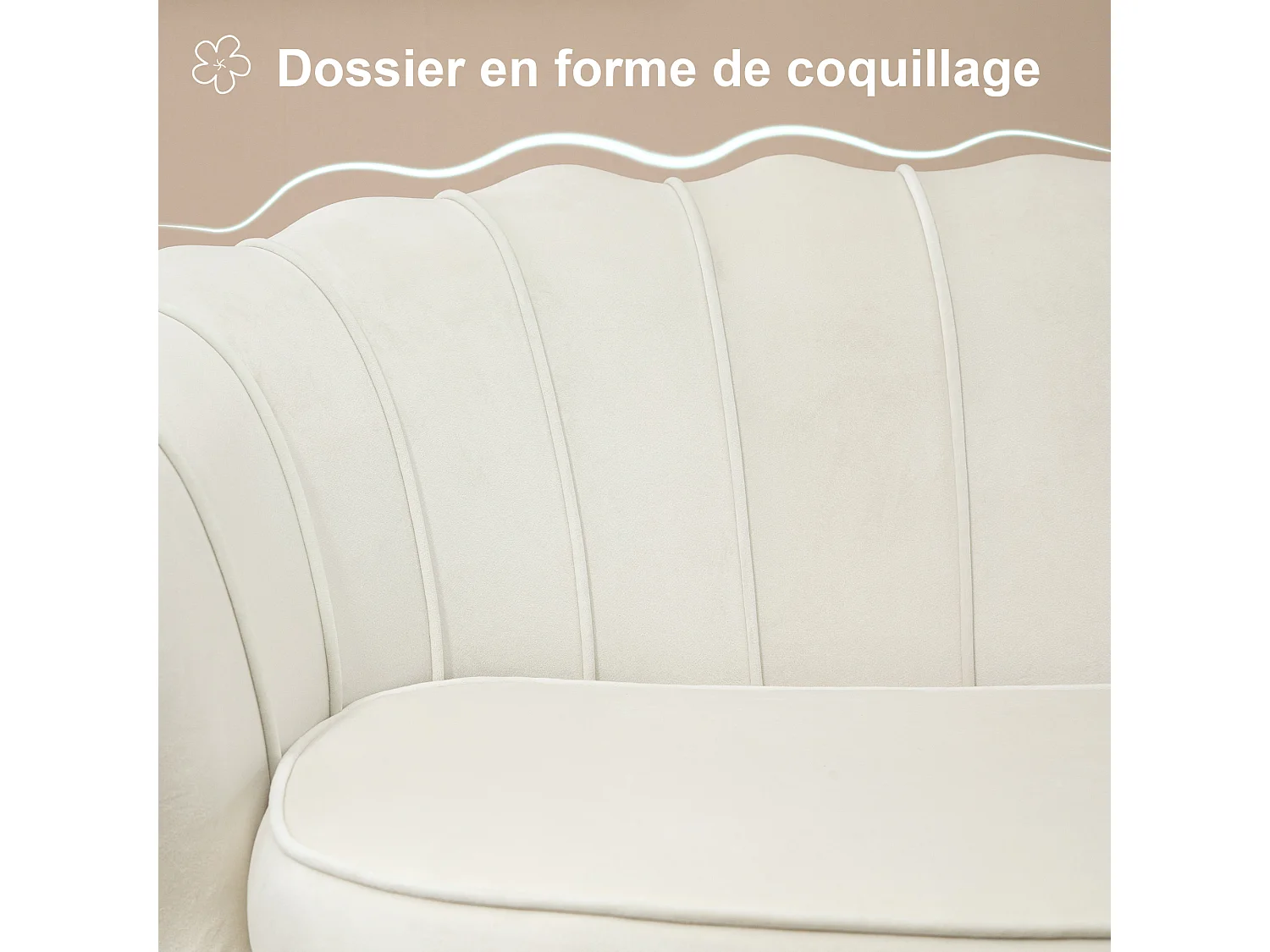 Canapé 2 places coquillage canapé design dim. 130L x 77l x 77H cm pieds dorés effilés velours crème