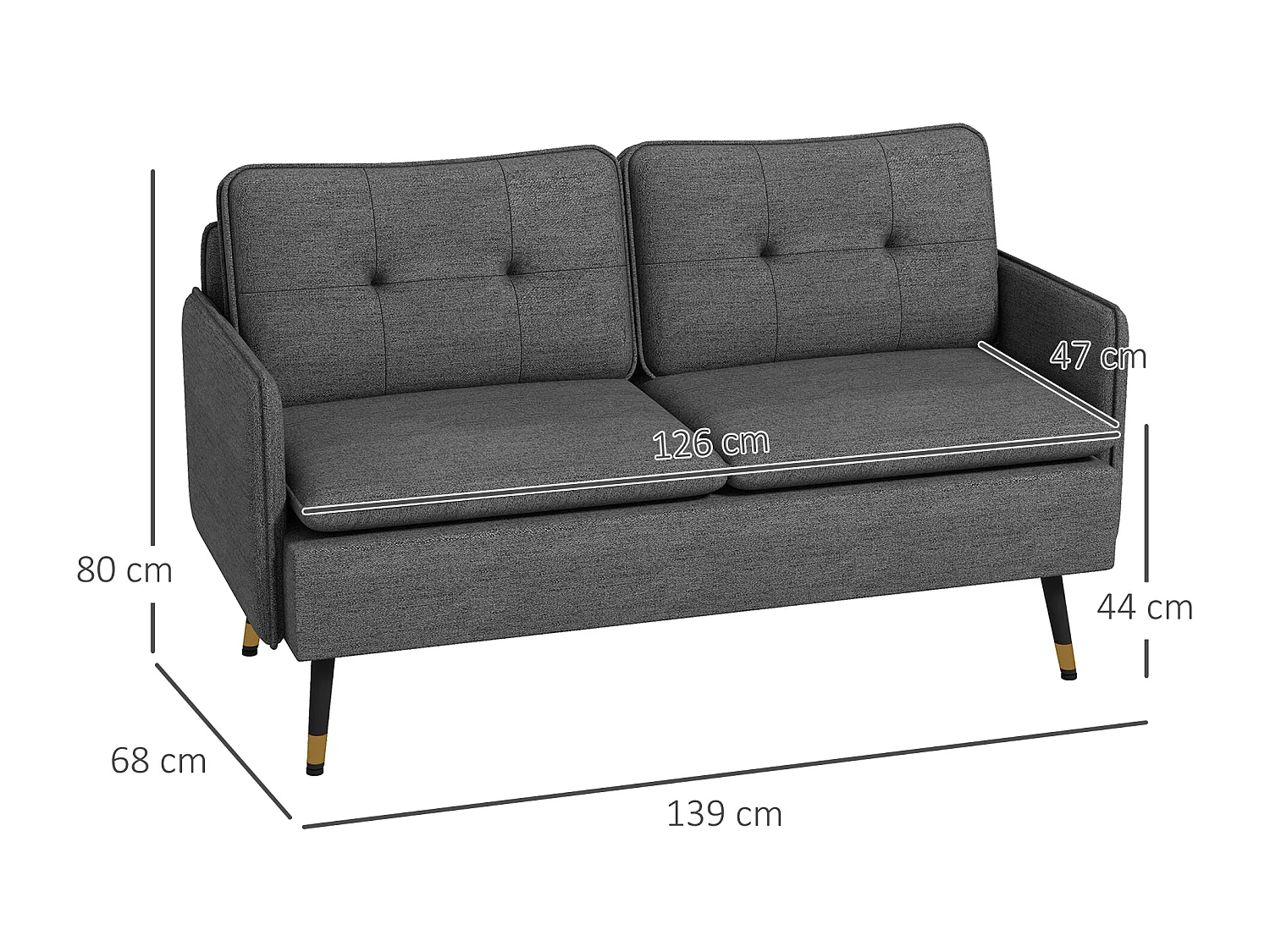 Canapé 2 places style art-déco dossier effet capitonné piètement incliné effilé métal noir extrémités dorées tissu anthracite