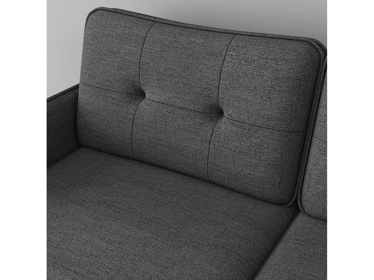 Canapé 2 places style art-déco dossier effet capitonné piètement incliné effilé métal noir extrémités dorées tissu anthracite