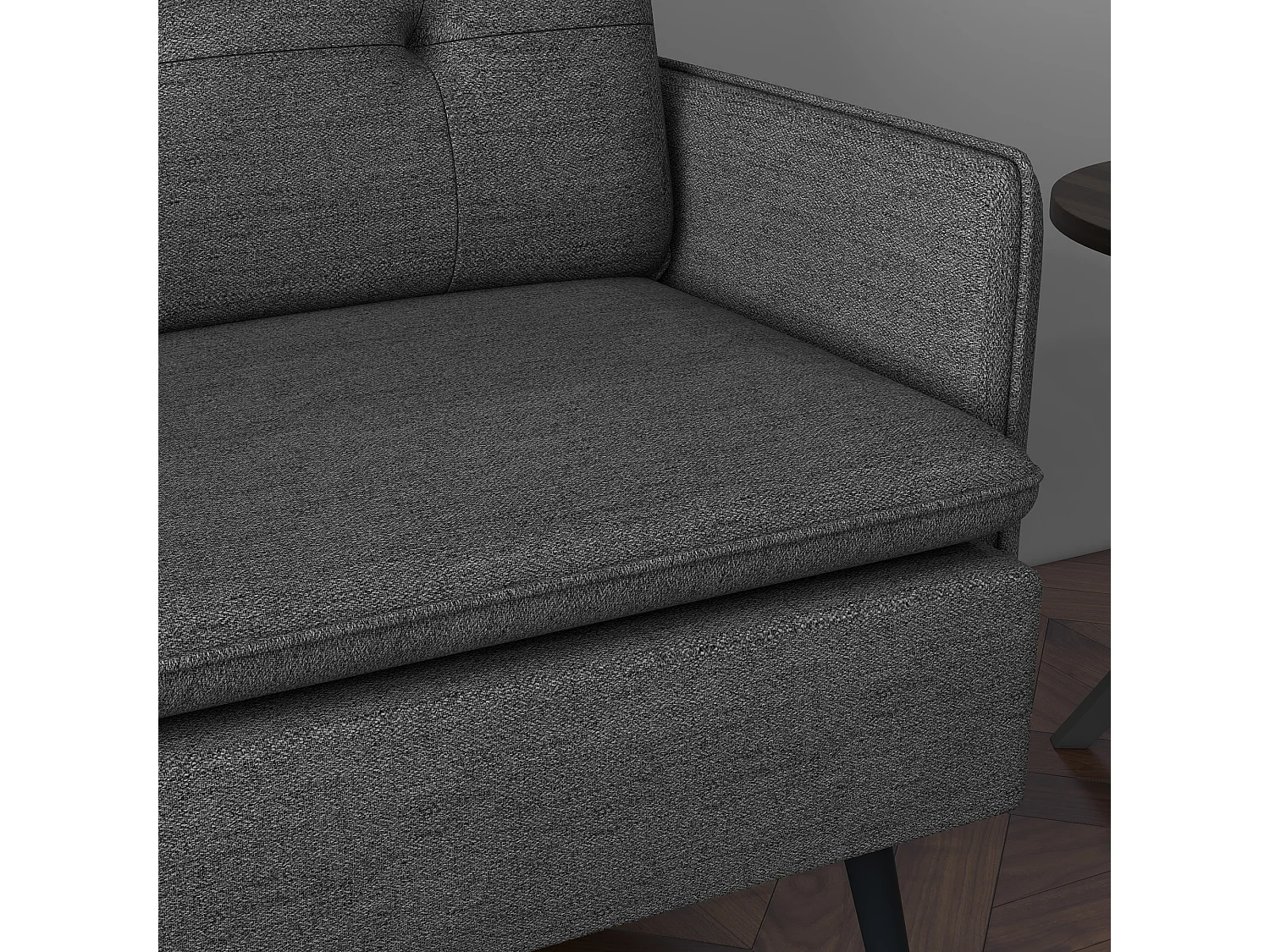 Canapé 2 places style art-déco dossier effet capitonné piètement incliné effilé métal noir extrémités dorées tissu anthracite