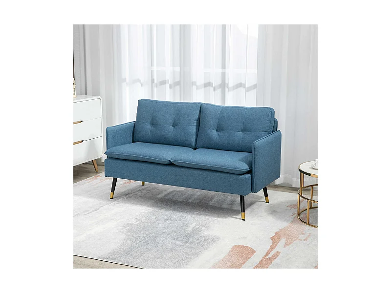 Canapé 2 places style art-déco dossier effet capitonné piètement incliné effilé métal noir extrémités dorées tissu bleu