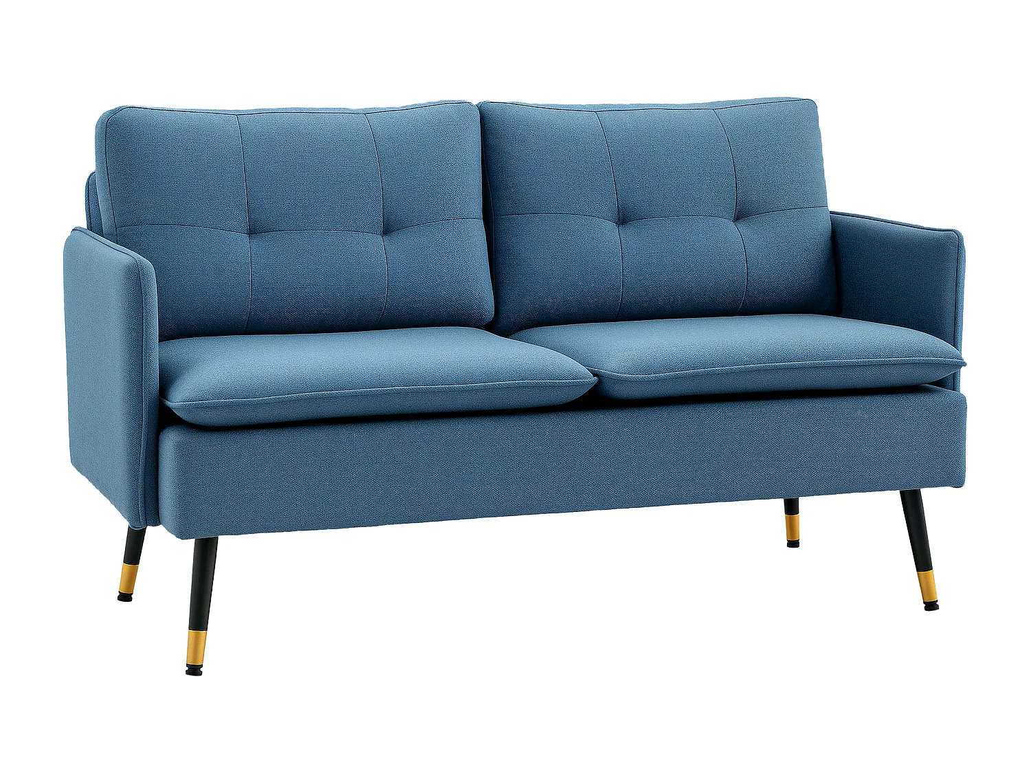 Canapé 2 places style art-déco dossier effet capitonné piètement incliné effilé métal noir extrémités dorées tissu bleu