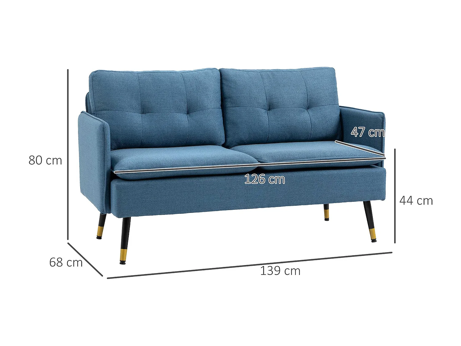 Canapé 2 places style art-déco dossier effet capitonné piètement incliné effilé métal noir extrémités dorées tissu bleu