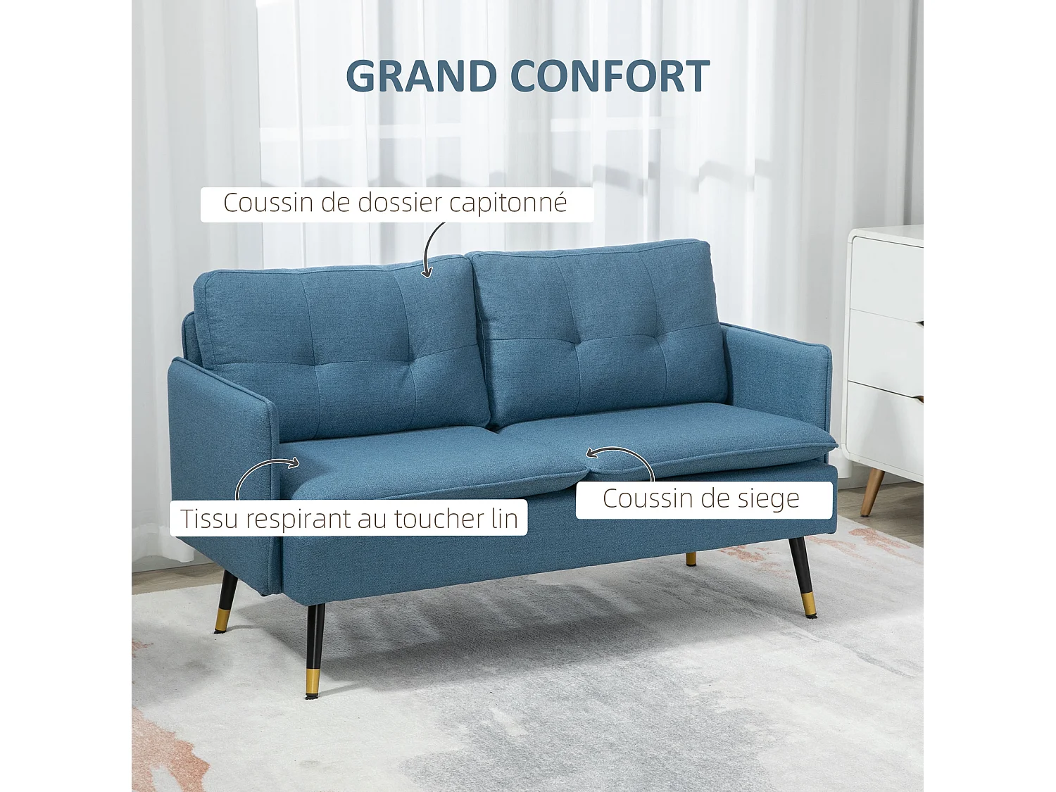 Canapé 2 places style art-déco dossier effet capitonné piètement incliné effilé métal noir extrémités dorées tissu bleu