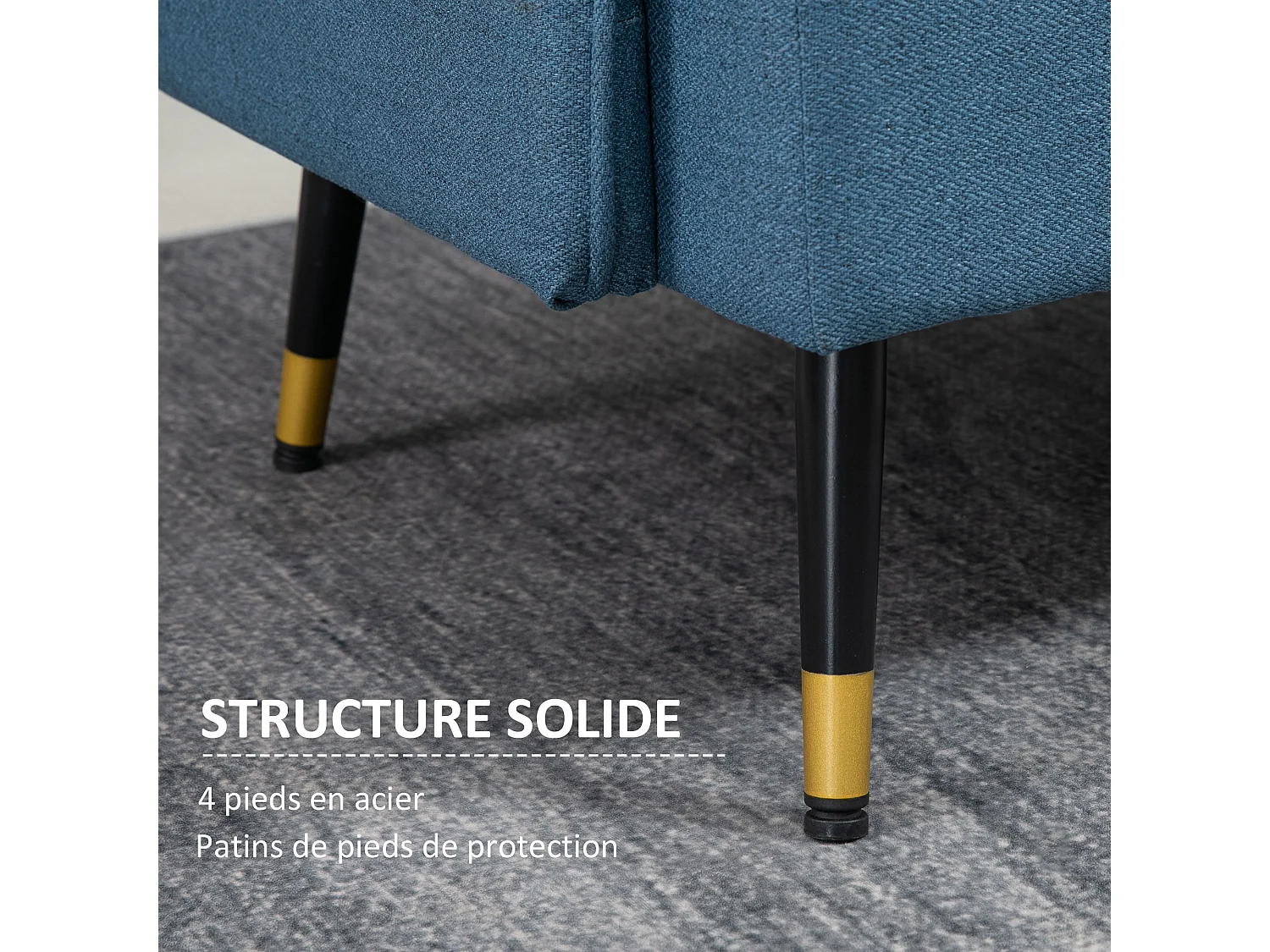 Canapé 2 places style art-déco dossier effet capitonné piètement incliné effilé métal noir extrémités dorées tissu bleu