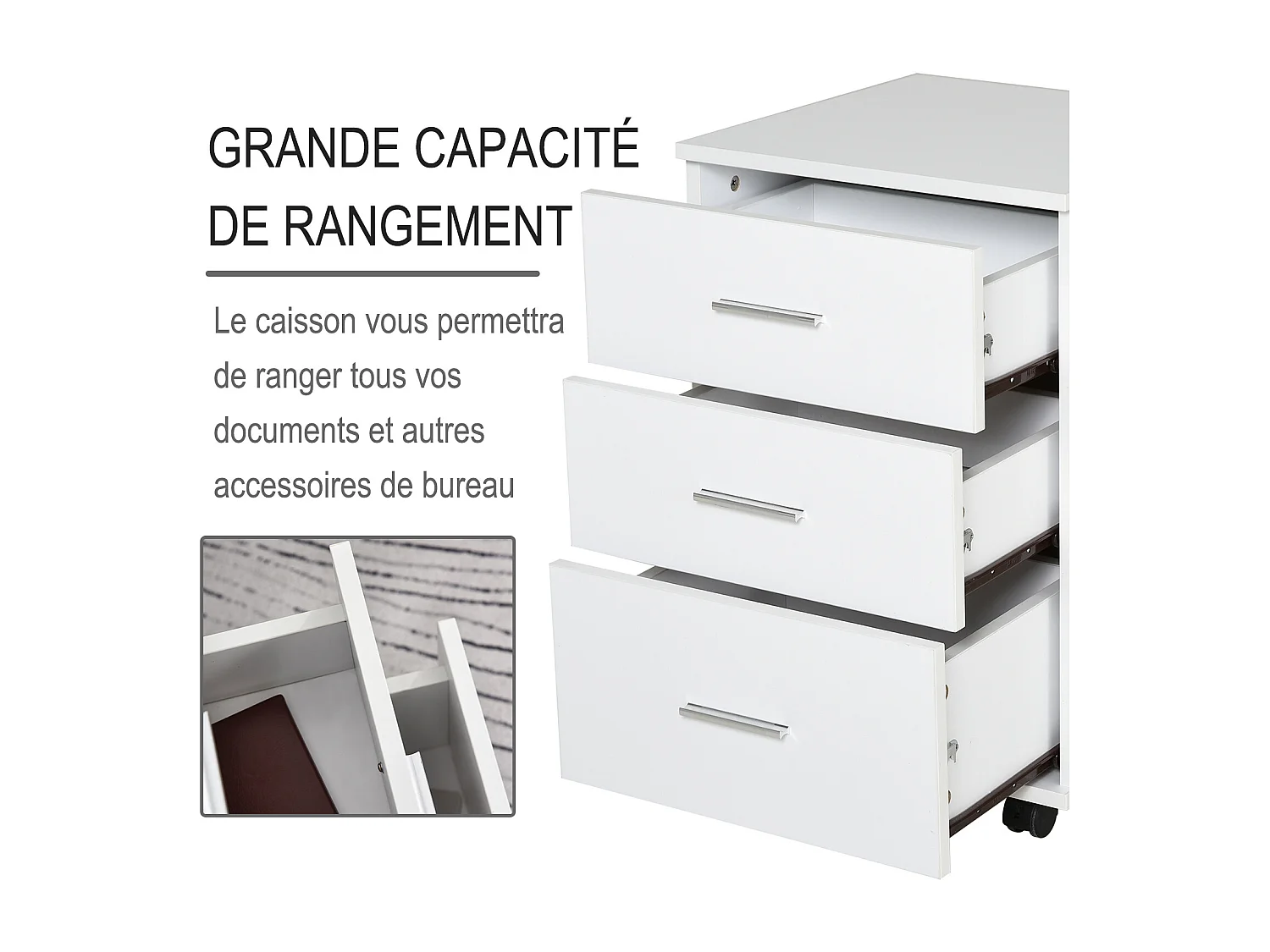 Caisson de bureau rangement bureau sur roulettes 3 tiroirs verrouillables dim. 40L x 41,5l x 61,5H cm blanc