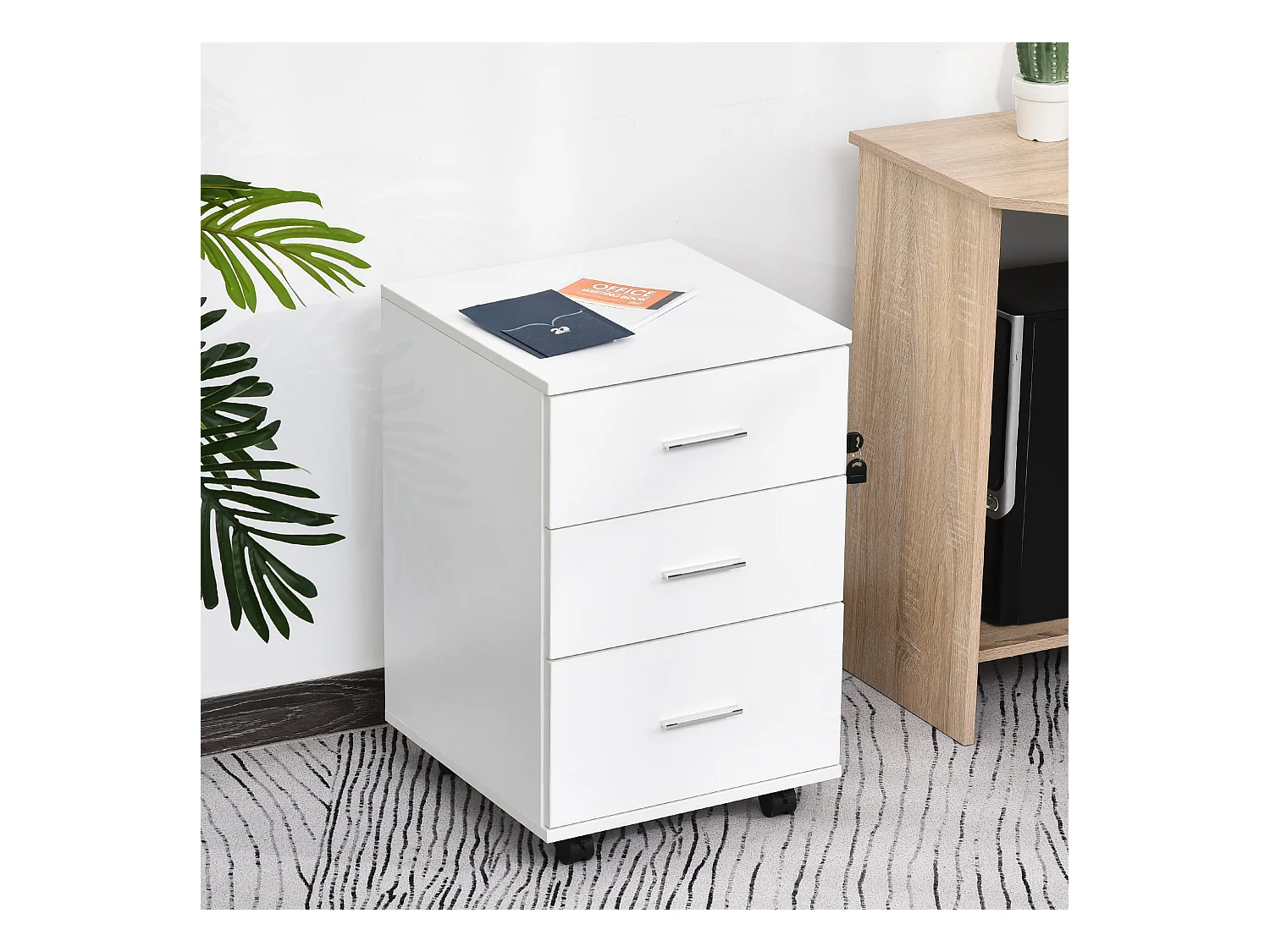 Caisson de bureau rangement bureau sur roulettes 3 tiroirs verrouillables dim. 40L x 41,5l x 61,5H cm blanc