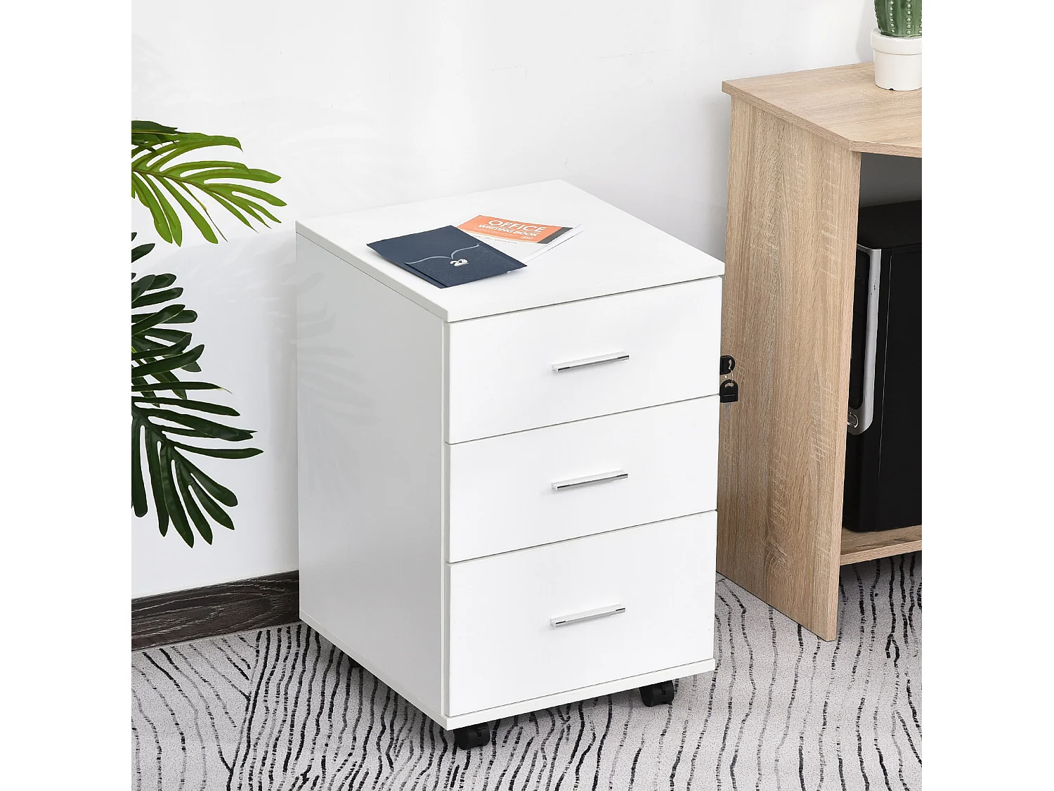 Caisson de bureau rangement bureau sur roulettes 3 tiroirs verrouillables dim. 40L x 41,5l x 61,5H cm blanc