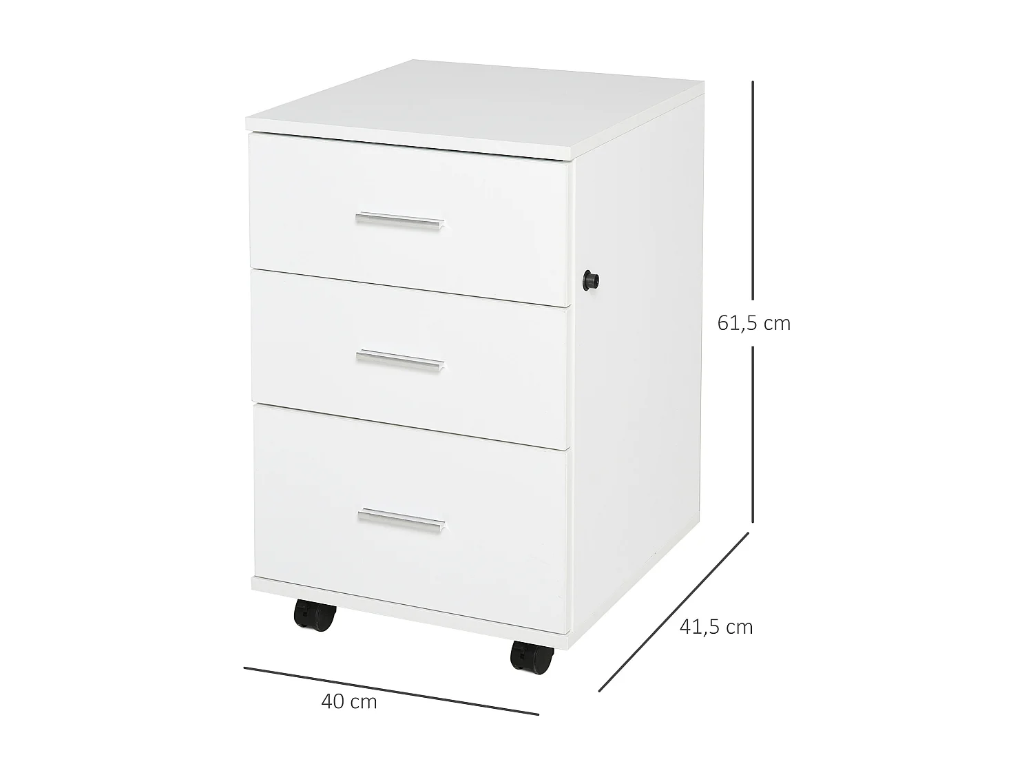 Caisson de bureau rangement bureau sur roulettes 3 tiroirs verrouillables dim. 40L x 41,5l x 61,5H cm blanc