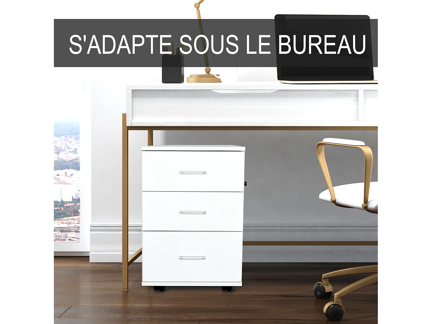 Caisson de bureau rangement bureau sur roulettes 3 tiroirs verrouillables dim. 40L x 41,5l x 61,5H cm blanc